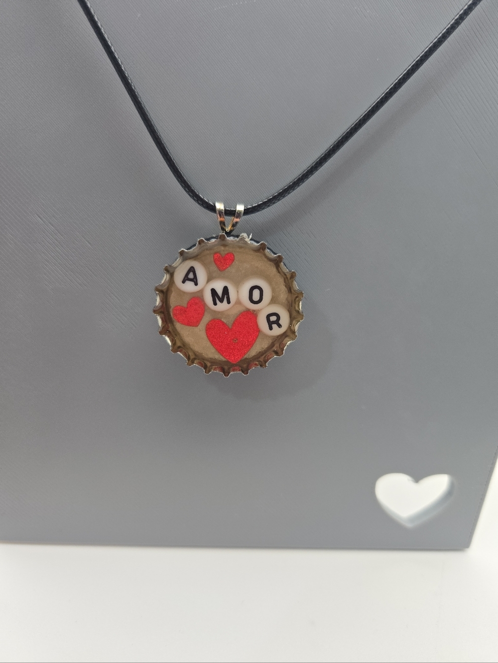 Handmade AMOR Bottle Cap Necklace ❤️ Upcycled Resin Heart Pendant Boho Jewelry